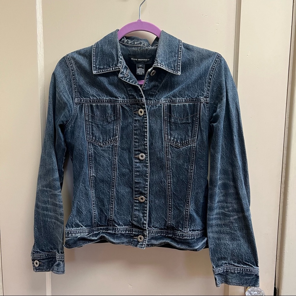 Club Monaco Dark Wash Distressed Denim Jean Jacket Size S/P